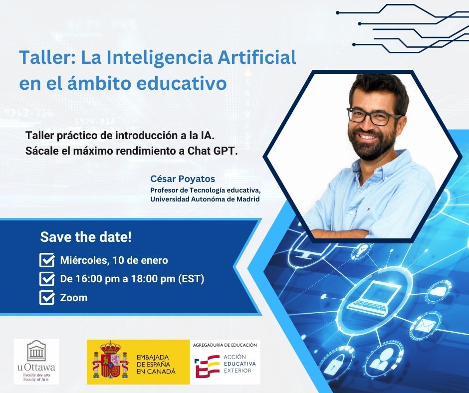SpainEdOfficeCa's tweet photo. 📌¡Nuevo año, nuevas formaciones! Si quieres sacarle el máximo partido a la IA, te invitamos a unirte a nuestro próximo taller, impartido por @cpoyatos.
📅Miércoles, 10 de enero, de 4pm a 6 pm (EST)
Registro: https://t.co/ayByLHq0KG
#SpainEdOfficeCa #AcciónEducativaExterior https://t.co/34KUiws6KK