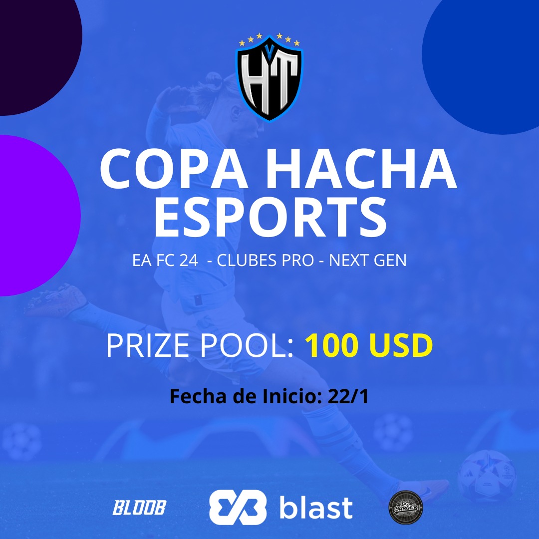 🔵 COPA HACHA || #EAFC24 ⚪

Arrancamos el año con todo! 🔥

Junto con <a href="/BlastGMI/">Blast</a> los invitamos a participar de la Copa Hacha eSports 🏆

🔷 Inscripción gratuita
💵 PRIZE POOL: 100 USD
🎮 Next-gen
⚽ EA FC 24 - Clubes Pro

Interesados en participar comunicarse por MP 📩