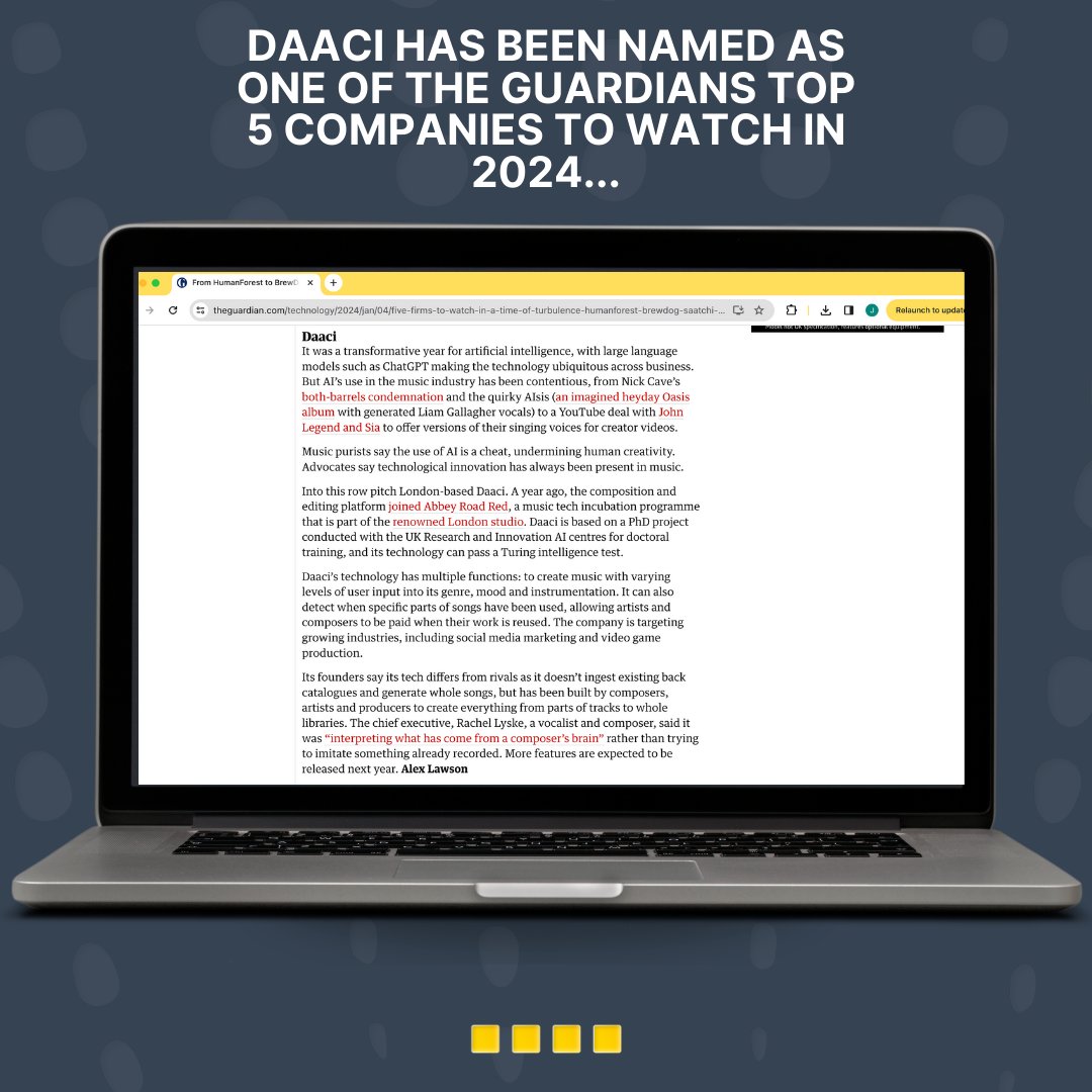 DAACI is named as one of the @guardian's top five companies to watch in 2024! The feature explains how our creator-centred approach sets us apart as the AI landscape continues to evolve. It also hints at the exciting new features coming this year...watch this space!