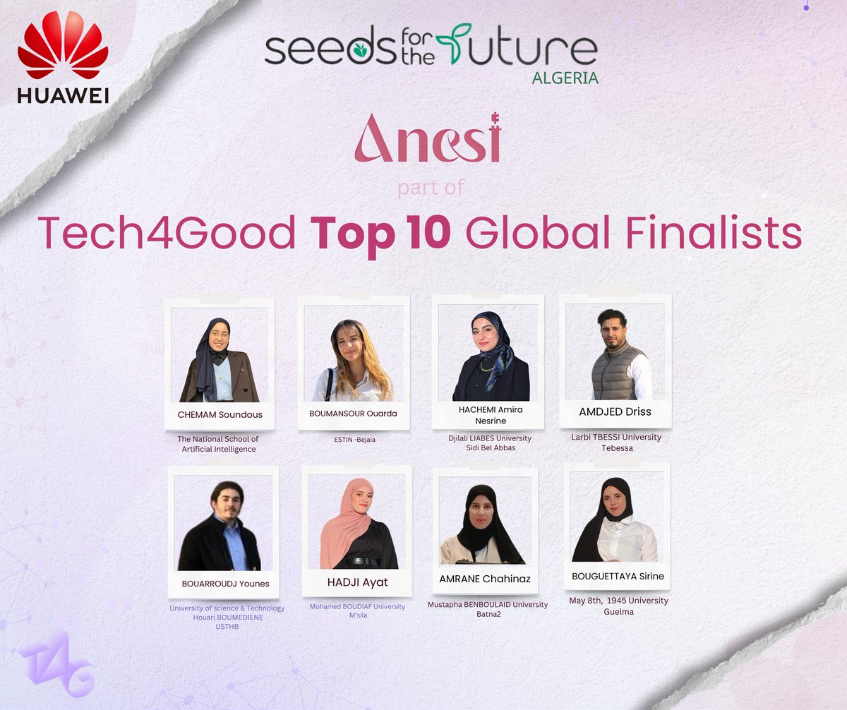 HuaweiNA's tweet image. 🚀 L'équipe algérienne #Anesi dans le Top 10 Mondial du concours #Tech4Good de #Huawei, sélectionnée parmi 150 équipes internationales !

📣 Votre soutien compte plus que jamais ! Dès demain, découvrez leur projet innovant sur nos réseaux sociaux et votez en ligne. Chaque voix