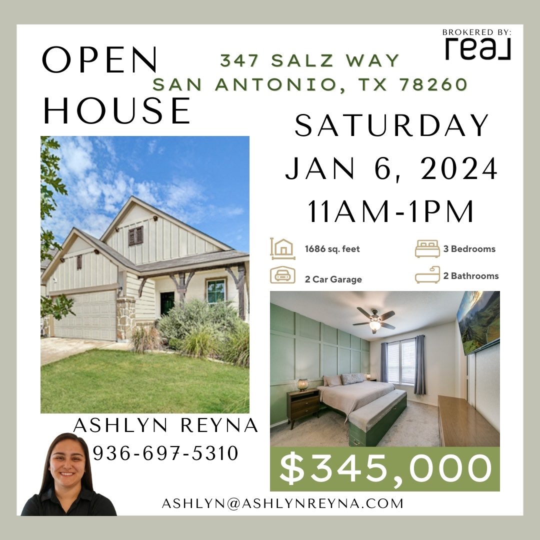 OPEN HOUSE! 🛑🤩🎉

Come see me this Saturday (1/6) from 11 am to 1 pm for my first open house of 2024! 🍾

347 Salz Way, San Antonio, Texas 78260

$345,000💸
1686 sq. ft. 📐
3 bed 🛌
2 bath 🛁
2 car garage 🚘 
#sanantoniorealestateagent #sanantonio #realestate #texas