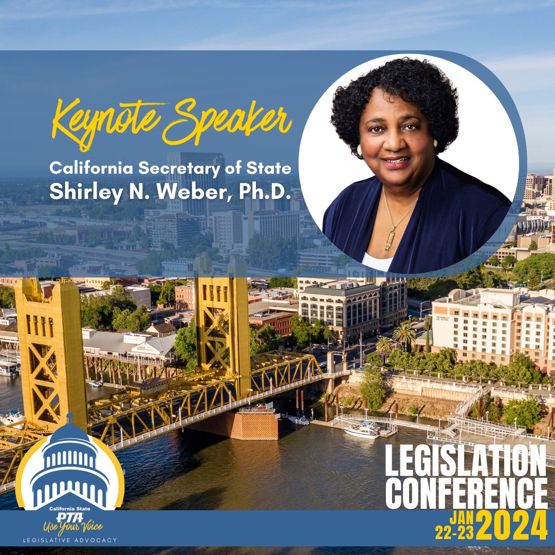 📣 Excited to announce our #LegCon24 keynote speaker, California Secretary of State @DrWeber4CA. Join us January 22-23 in Sacramento! Visit our website to read Dr Weber's bio and to register now: zurl.co/3wE5 #PTA4Kids #UseYourVoice #PTAAdvocacy #PTATakesAction