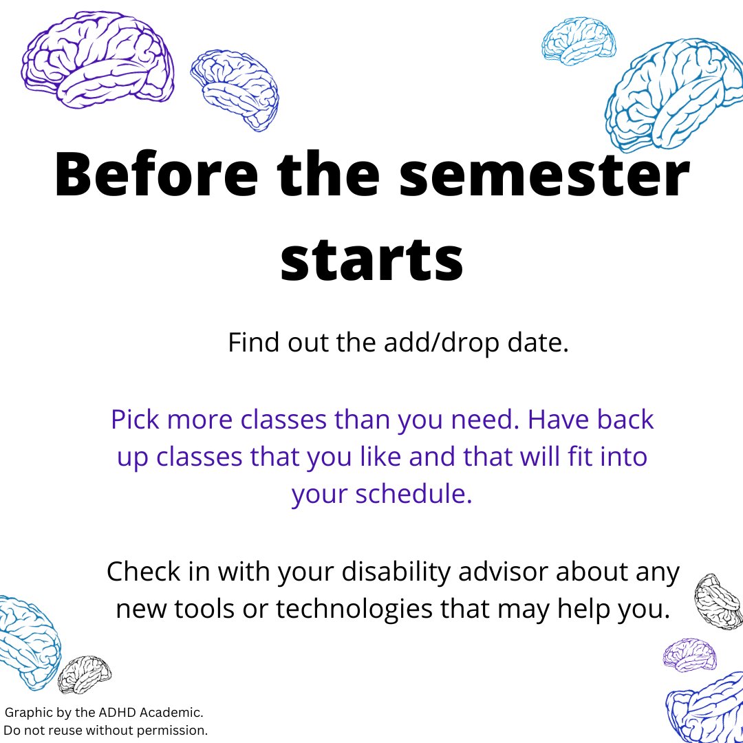 theADHDacademic's tweet photo. Heading back to #HigherEd next week? Make sure to have back-up classes picked out...
Other tips: https://t.co/RrFn5FC3oz
#ADHD #DisInHigherEd #DisabilityTwitter https://t.co/poAtMuVDrq