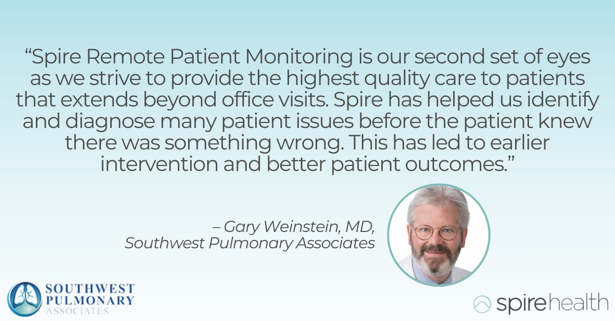 spire_health's tweet image. Spire helps #pulmonologists by increasing patient touchpoints without impacting practice workflow or resources. Dr. Gary Weinstein (Southwest Pulmonary Associates) is seeing the impact Spire can have on his patients.

To learn more about Spire, contact us: spirehealth.com/technology#:~:…