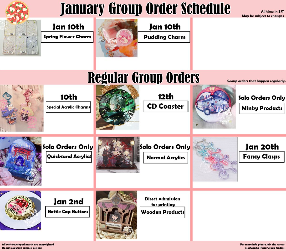 【Janurary Schedule & Giveaway】 Start a productive 2024 with unique merch this January! Please check out all the scheduled GOs below. ⏰GA ends on Jan 20th 🎉To Enter: Follow, RT & Like 🎁1 winner: $30 coupon 👇More details👇 discord.gg/hEceksJyrC