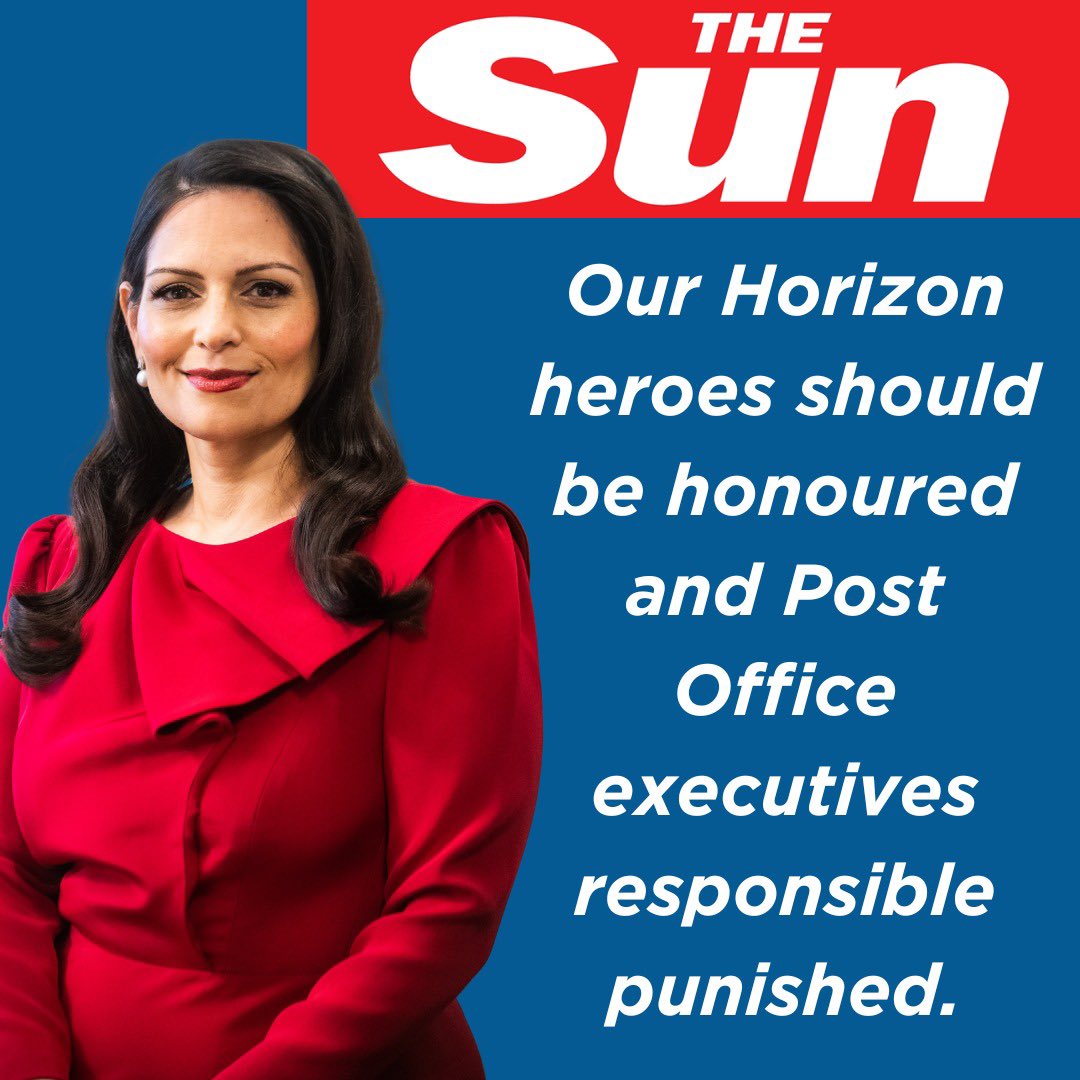 As the daughter of a former sub-postmaster, I know how hard the victims worked to build up their business. All powers should be used so Post Office Execs face justice, while Alan Bates and the heroes who fought courageously and won should be honoured. 
thesun.co.uk/news/politics/…