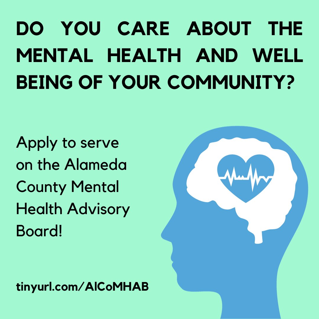 If you or a loved one is currently or has been a recipient of mental health services, or if you are a mental health professional, please consider applying to the Alameda County Mental Health Advisory Board. District 5 currently has 2 vacancies: tinyurl.com/AlCoMHAB