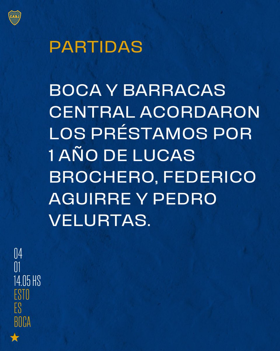 alegria_xeneize's tweet photo. 💲#MERCADO | PRESTAMOS

✅️ #Boca confirma la salida de 3 jugadores a préstamo a #BarracasCentral por un año:

↩️ Pedro #Velurtas, lateral derecho categoría 2001 y Federico #Aguirre, delantero categoría 2002 salen a préstamo.

👇 Sigue https://t.co/1suY7UqBO6