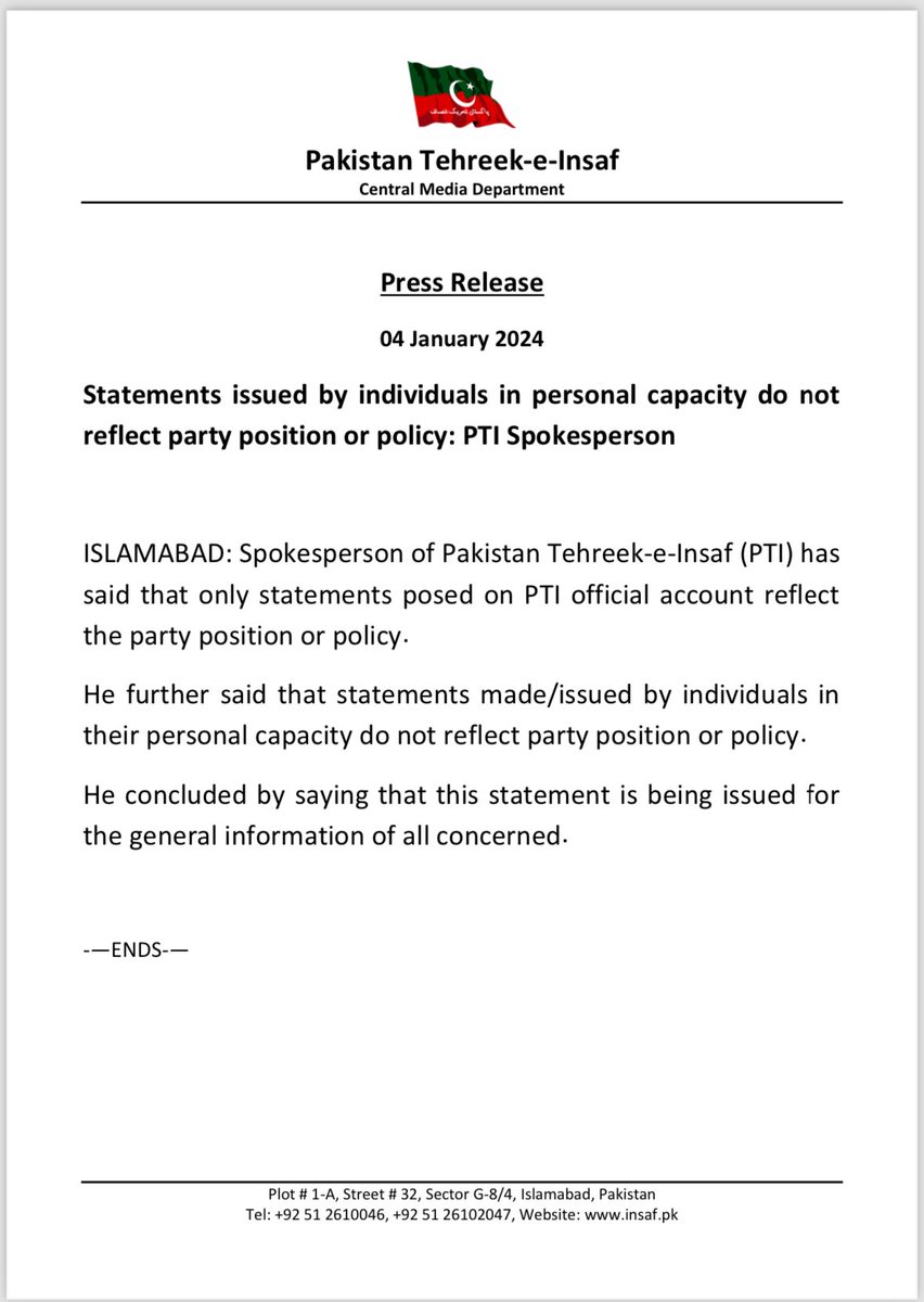 کسی شخص کی ذاتی رائے کو پی ٹی آئی کی پالیسی ہرگز نہ سمجھا جائے، جو بھی پارٹی پالیسی ہوگی وہ پی ٹی آئی کے آفیشل ٹویٹر ہینڈل <a href="/PTIofficial/">PTI</a> سے شیئر کی جائے گی۔۔۔

#نومئی_بہانہ_عمران_خان_نشانہ