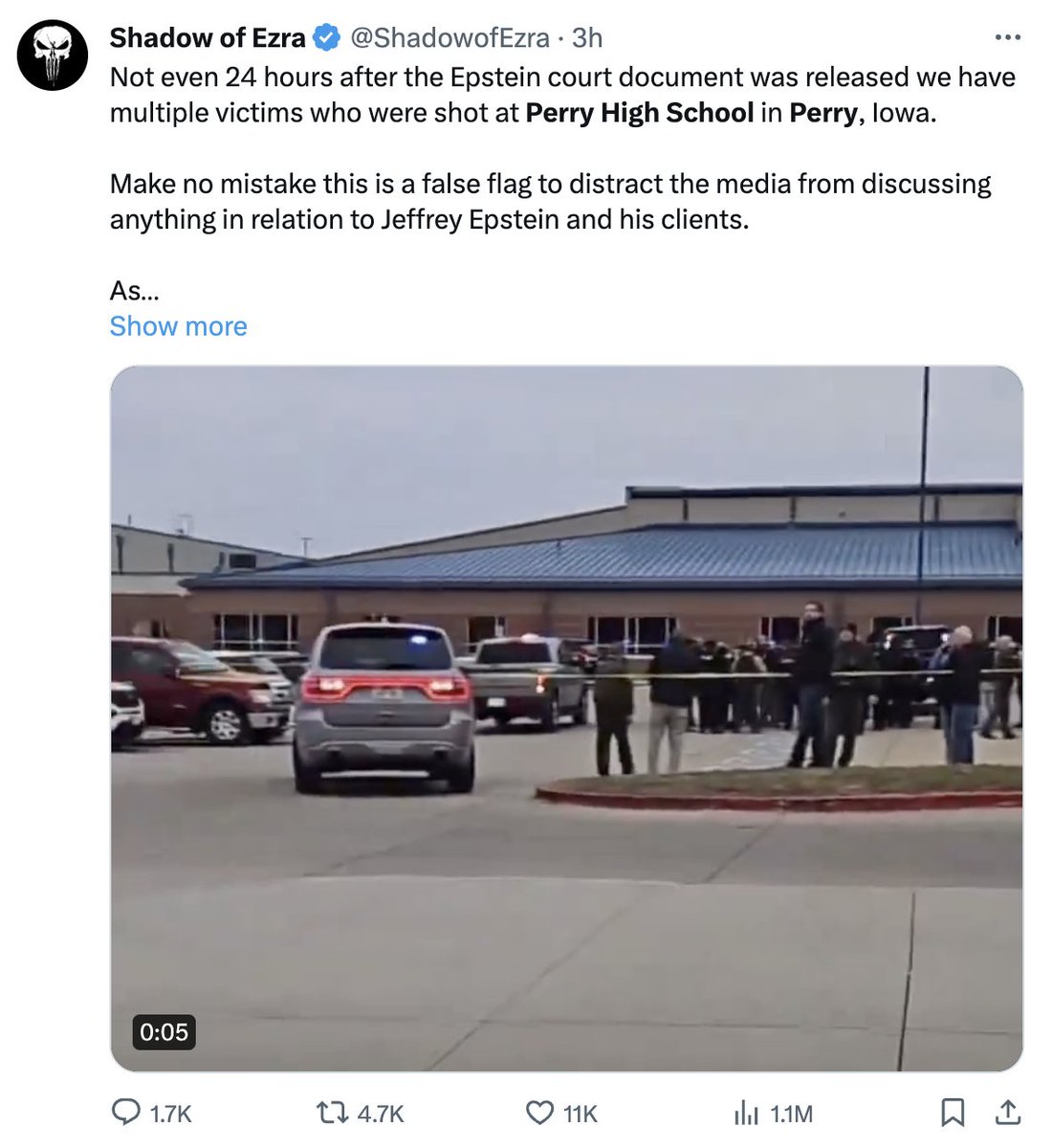 This tweet by a blue tick QAnon promoter, falsely claiming that the Perry high school shooting is a 'false flag' to 'distract the media' from the Jeffrey Epstein court documents, is currently the most viewed post on X about the shooting with over a million views.