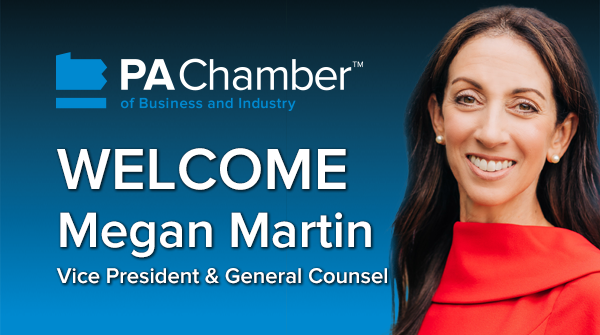 We are excited to announce that Megan Martin, Esq. is joining the PA Chamber as Vice President and General Counsel. 

She will be a valuable addition and immediate contributor to our already strong team. Welcome, Megan!