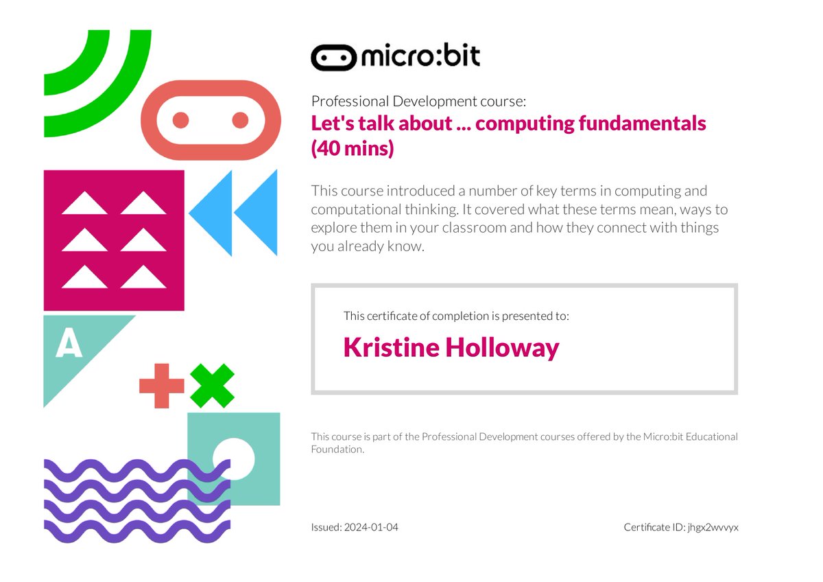 mspaperless's tweet image. Just aced the &apos;Let&apos;s Talk About Computing Fundamentals with Microbit&apos; course! 🎓💡 Excited to integrate these fundamentals into my teaching and empower students with a deeper understanding of tech. Let&apos;s code the future! 🚀👩‍💻 @microbit_edu #ComputingFundamentals #Microbit #EdTech