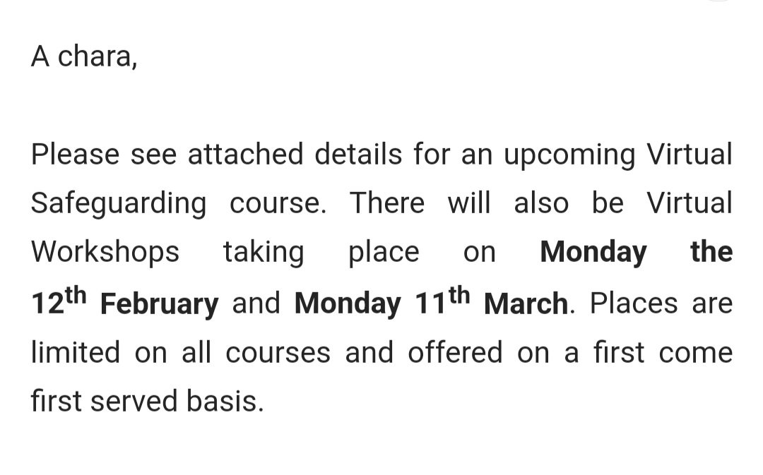 Safeguarding courses upcoming. Contact secretary.eslin.leitrim@gaa.ie