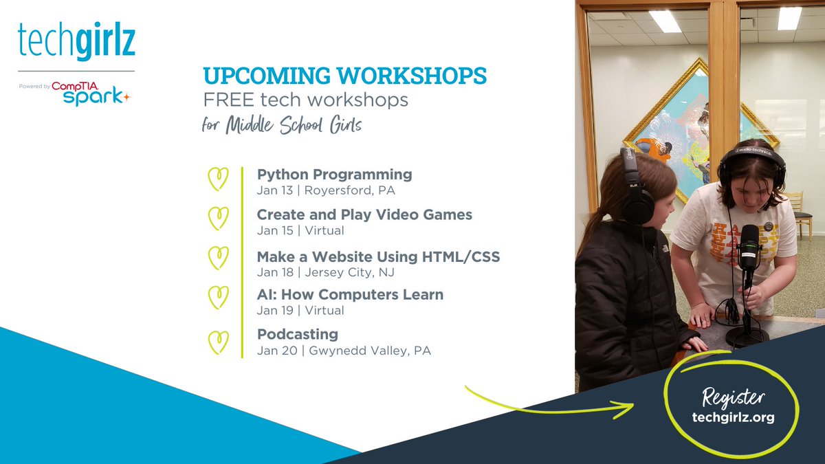 Join us for these amazing FREE workshops designed to empower and inspire middle school girls in the world of #tech ✨ 🚀 Open to middle school girls, including those who identify as girls 👩‍💻 🔗 bit.ly/3TA33RX #DigitalFluency #computerscience