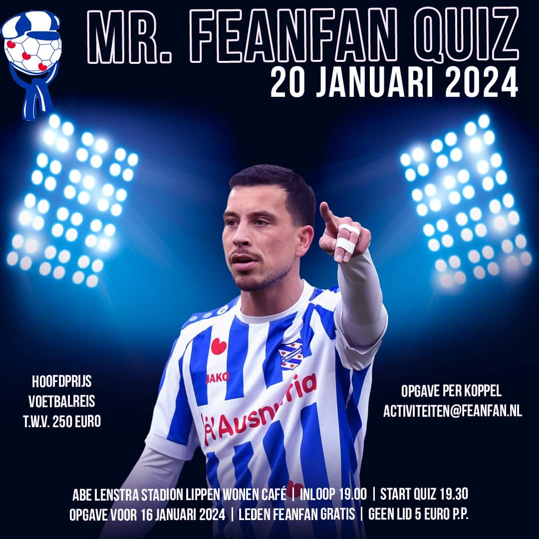 Geef je op voor de sc Heerenveenquiz! 30 meerkeuzevragen, 30 open vragen.
Audio- en videofragmenten. Gewoon een leuke avond.