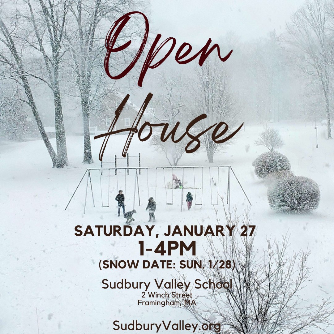 Interested in a school where students are in charge of their own education? Come see it for yourself at the upcoming #SudburyValley Open House!