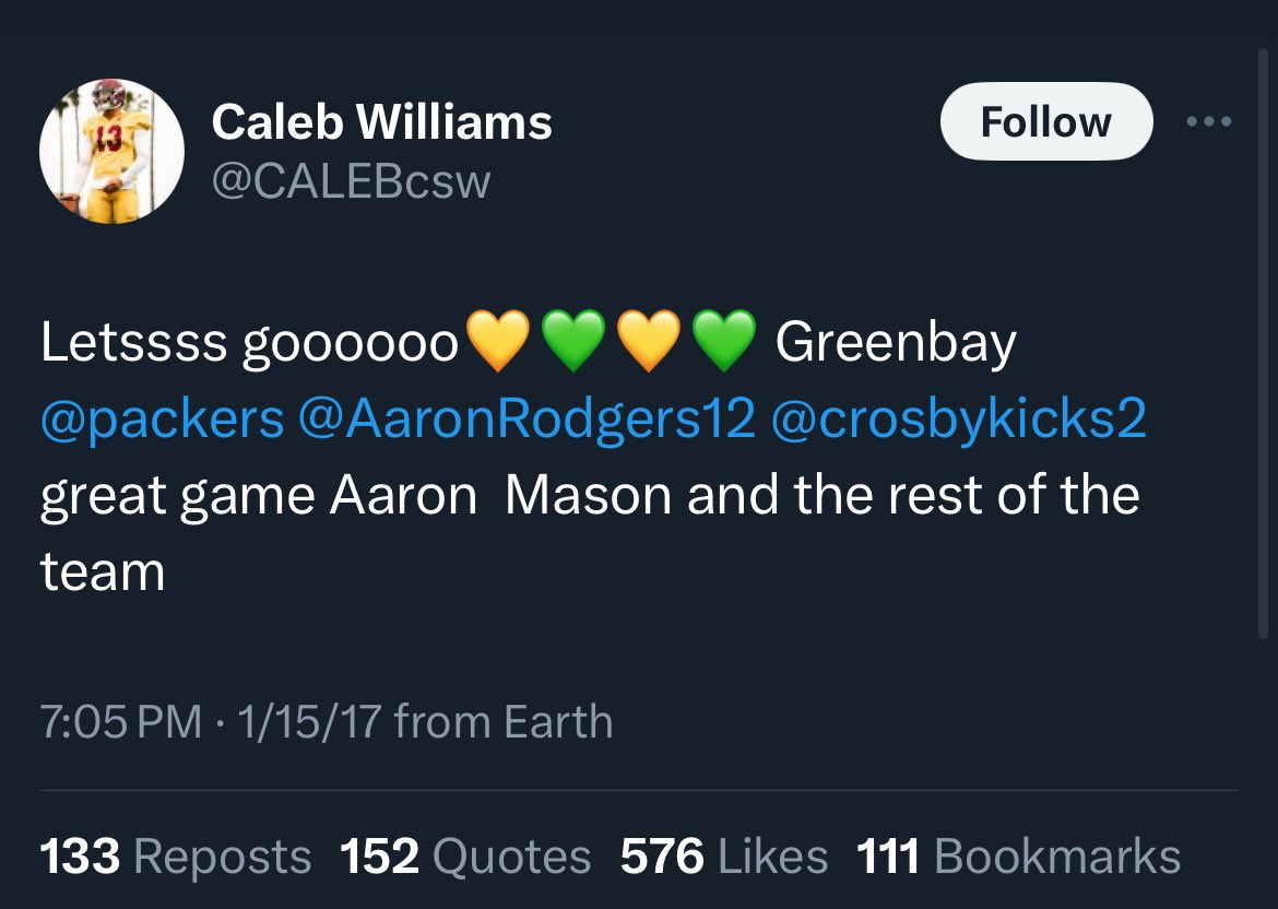 Hogg on X: "The Bears have the No. 1 overall pick and the consensus No. 1  overall player, Caleb Williams is a Packers fan? Awe that's a shame!  #BearsWeek https://t.co/7OUjXE2Sg0" / X