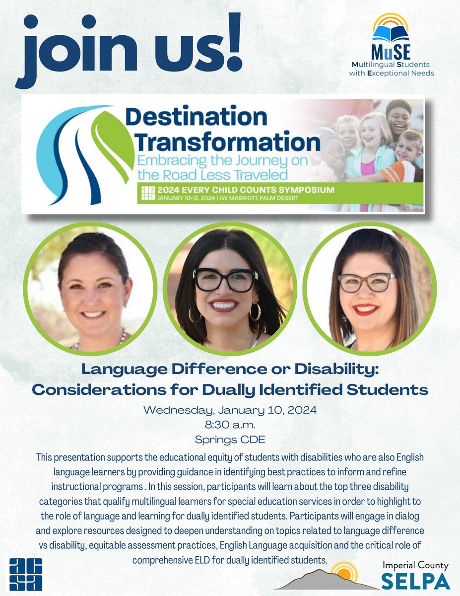 el_swd's tweet image. 👋friends! Let's meet up @ACSA_info #ECC2024 next week. We look forward to connecting with you! #DuallyIdentified #CollectiveCommitment #TeamLift #ProjectMuSE #Multilingual #ELSWD