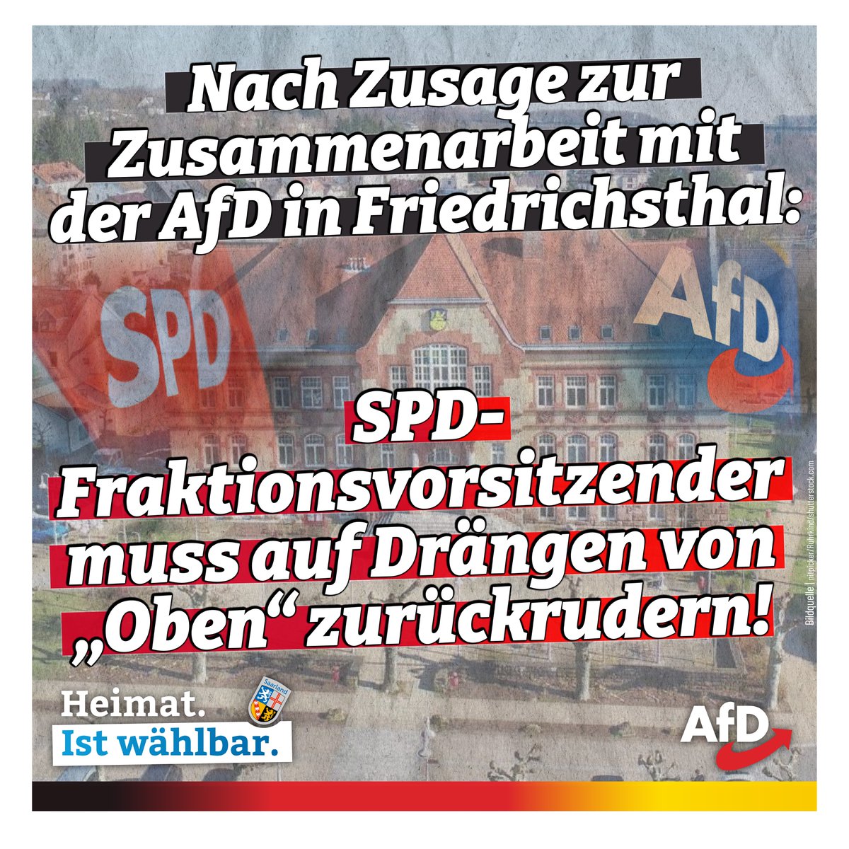AfDSaar's tweet photo. Nach einer Abrechnung mit der Bundes- und Landespolitik und der Ankündigung einer Kooperationsbereitschaft mit der #AfD musste der #SPD-Fraktionschef im Friedrichsthaler Stadtrat zurückrudern - Auf Druck "von oben".

Auf kommunaler Ebene ist eine Zusammenarbeit mit der AfD aus Pragmatismus und gesunden Menschenverstand heraus nur folgerichtig und langfristig auch unvermeidbar. Die ideologiegetriebenen Parteispitzen hingegen halten unerbittlich an ihren "Brandmauern" und "Unvereinbarkeiten" fest und zeigen, was ihnen wichtiger ist - Die Ideologie und nicht das Land und die Bürger.