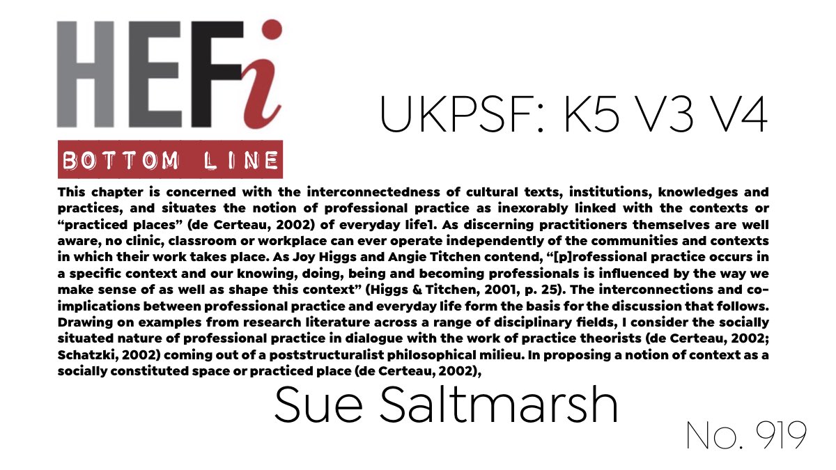 #BottomLine No. 919: Chapter 10 Researching Context as a “Practised Place” by Sue Saltmarsh in Understanding and Researching Professional Practice, Ed. Bill Green ebookcentral.proquest.com/lib/bham/detai…