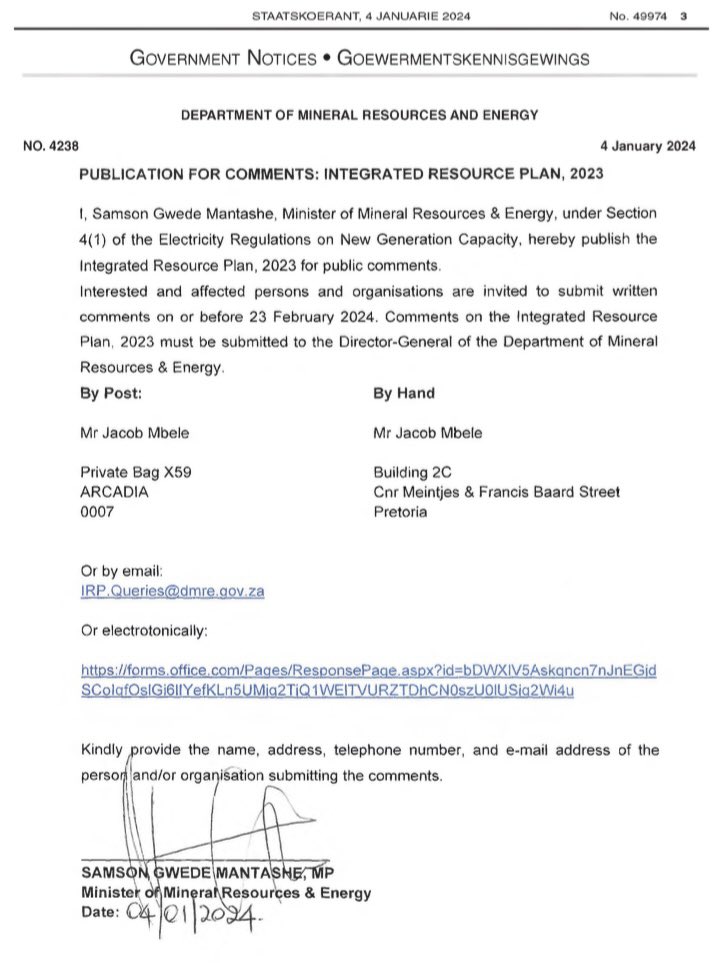 New draft Integrated Resource Plan published for comment before 23 Feb 2024 #IRP2023. Full copy available at cer.org.za/wp-content/upl…