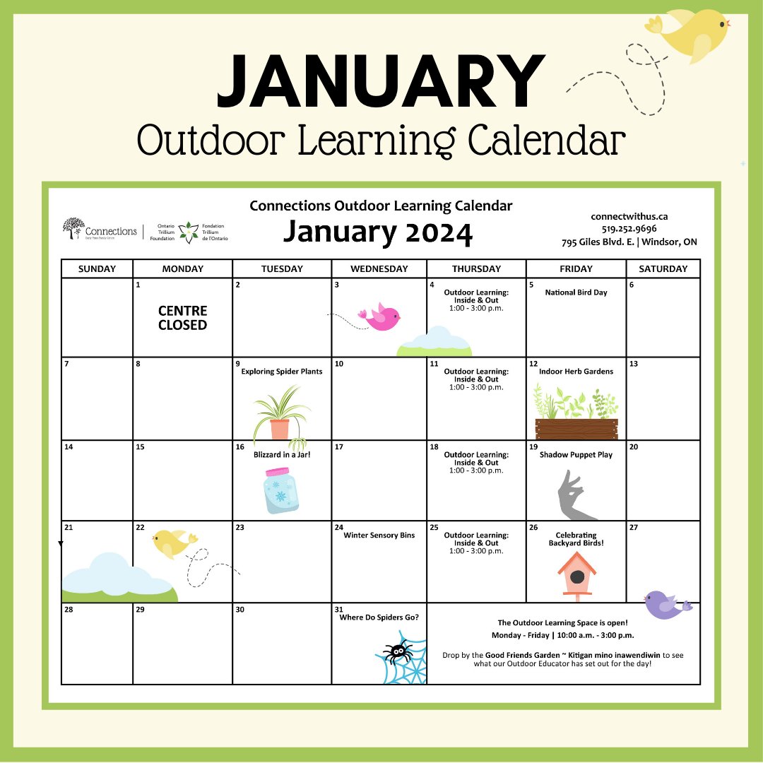 Looking for ways to get outside, even when it's cold out? Stop by our Good Friends Garden! 🌿❄️

January's Outdoor Learning Calendar is out now, and it's filled with lots of activities families can do together this winter. You can view the calendar here: connectwithus.ca/monthly-calend…