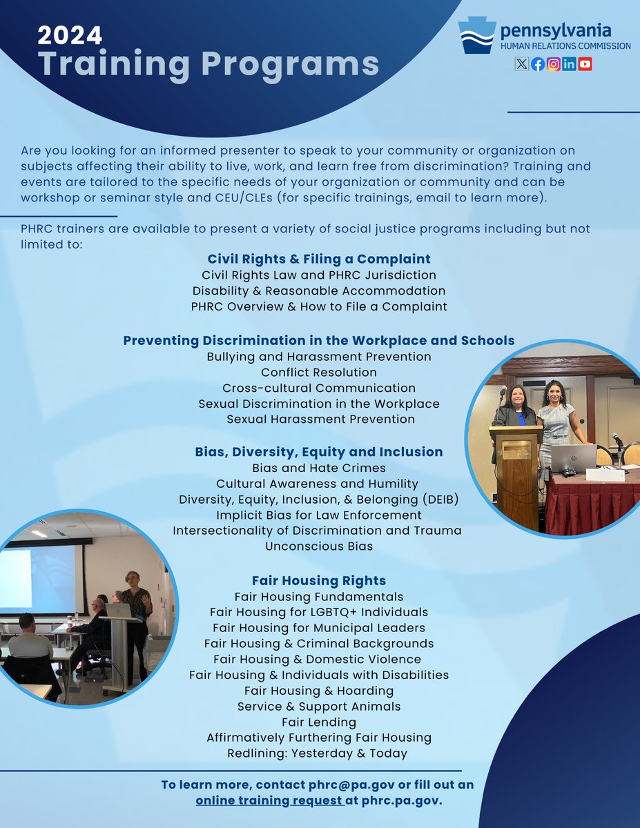 PA_HumRelComm's tweet photo. The PHRC offers in-depth training, brief presentations, and events on many topics tailored to the specific needs of your organization or community.
Learn more about how to request a training at https://t.co/tkEfF1kRTl https://t.co/k5vCKFa52c