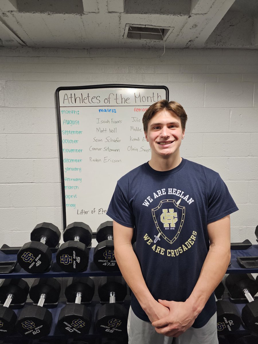 December's male athlete of the month is Raiden Ericson. Raiden has been pushing himself all semester, constantly do more work, and has gained a lot of confidence in himself. He crushed max outs by hitting one of our highest squats! Watch for a great baseball season this summer!