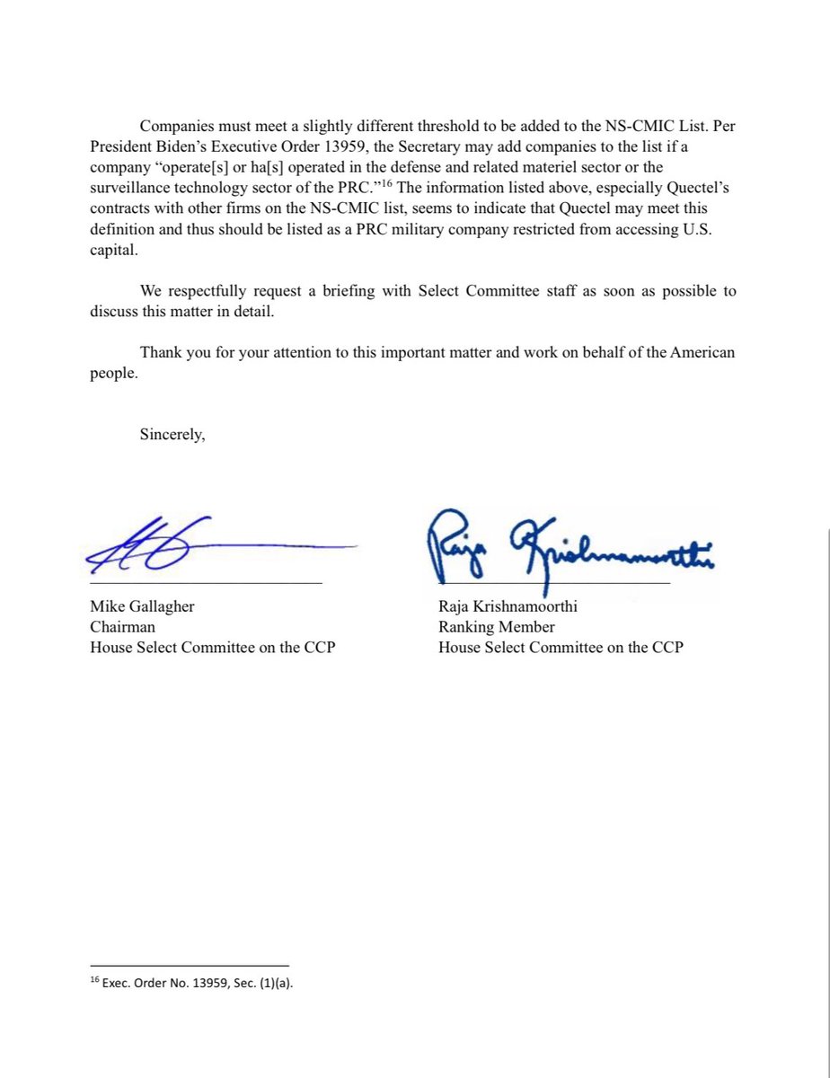 BREAKING: Chairman <a href="/chairmang/"></a> and Ranking Member <a href="/CongressmanRaja/">Congressman Raja Krishnamoorthi</a> call on @SecDef and <a href="/SecYellen/">Secretary Janet Yellen (Archived)</a> to blacklist <a href="/Quectel_IoT/">Quectel</a> for working to advance the Chinese military.

“With tens of millions of Quectel modules in smart devices across the country, its status as a contributor