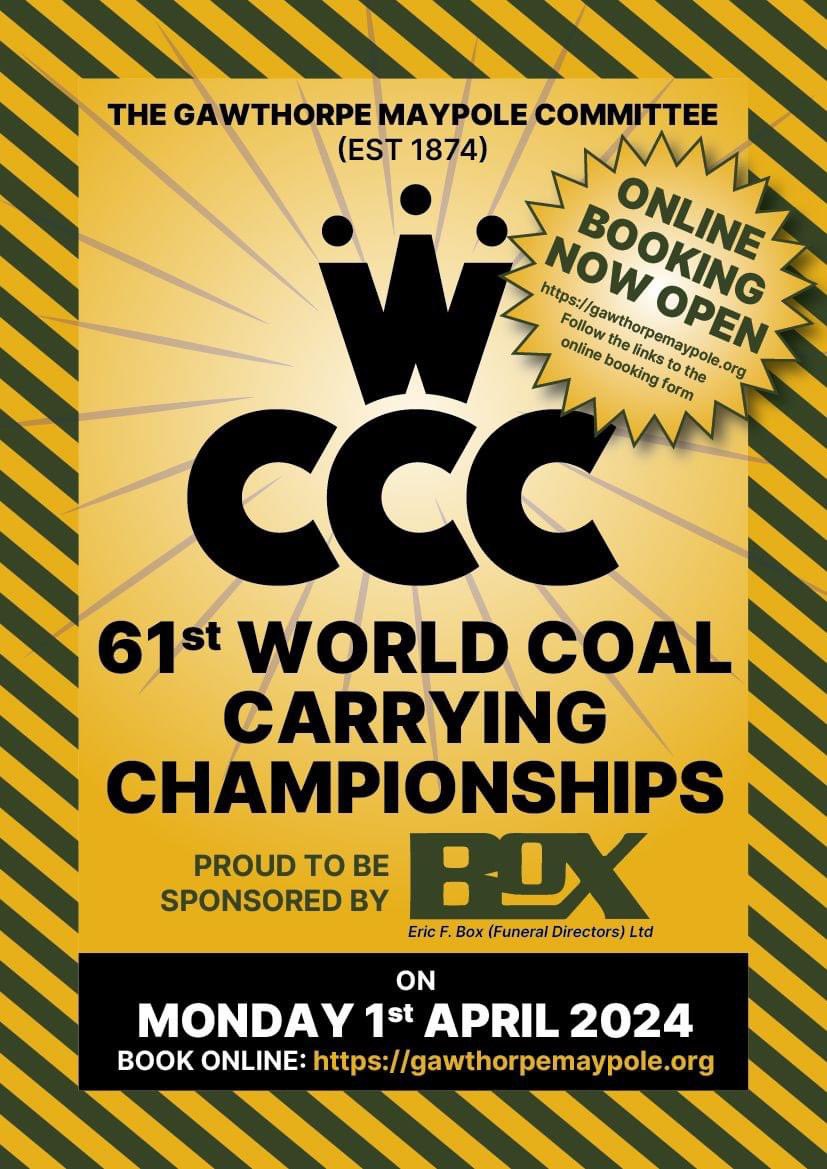 Entries are now OPEN for the 61st World Coal Carrying Championships to be held on Monday 1st April 2024.

Thank you to those who have supported the development of the Online Booking form and tested it all works. 

gawthorpemaypole.org/world-coal-car…