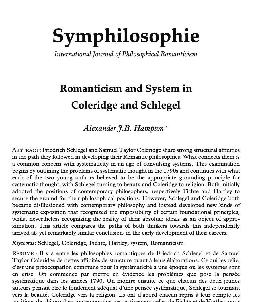 I have a new article on ‘Romanticism and System in #Coleridge and #Schlegel’ published in @symphilosophie, International Journal of #Philosophical #Romanticism. Available here: tinyurl.com/3yrmbb6x @UofTReligion @FriendsofSTC @Wordsworthians