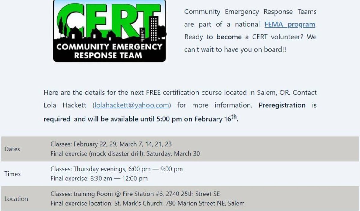 SalemFireDept's tweet photo. Community Emergency Response Team (CERT) Training 2024.  This will be our first training for the new year.  See details…
#certtraining #disasterpreparedness #volunteerwork #community https://t.co/Ggmz1VNRF3