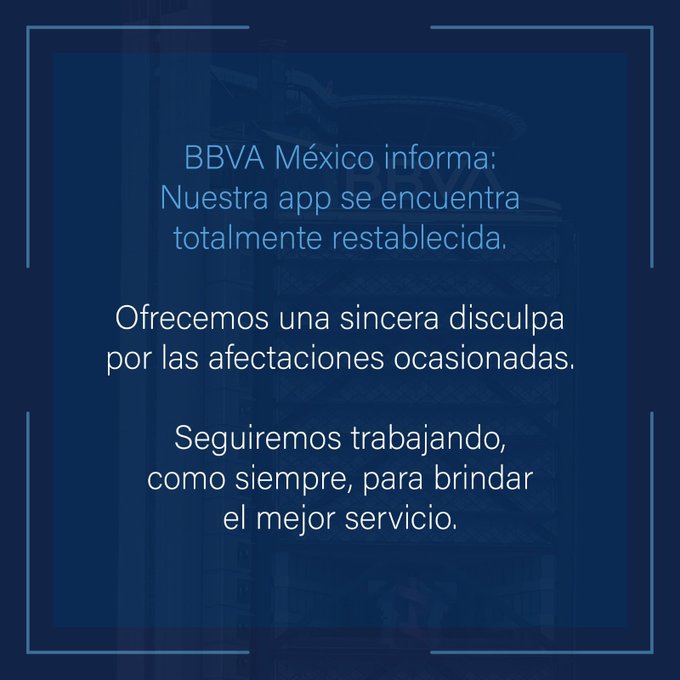 hablemosddinero's tweet photo. 🚨 @BBVA_Mex restablece sus servicios en su app.

Luego de presentar algunas fallas en su aplicación móvil, el banco acaba de informar que todos sus servicios en la app están totalmente restablecidos. 👇 https://t.co/1ehS3YsA1Y