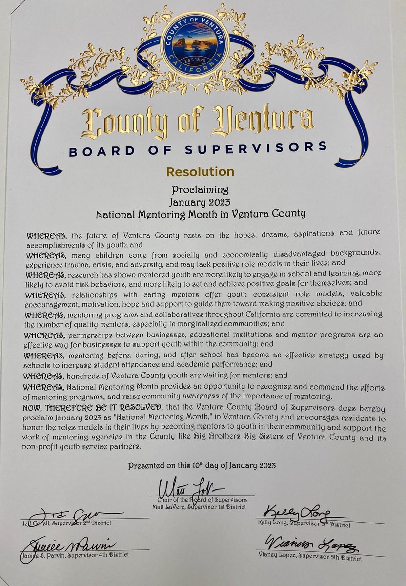 BBSVC's tweet photo. Throw Back Thursday to when BBSVC attended the County of Ventura's Board of Supervisors meeting, where they proclaimed January 2023 as "National Mentoring Month"!
Learn about all of the awesome events and activities happening this month at https://t.co/dGeSGehhwC
#BBSVC https://t.co/LOOR49IHH0