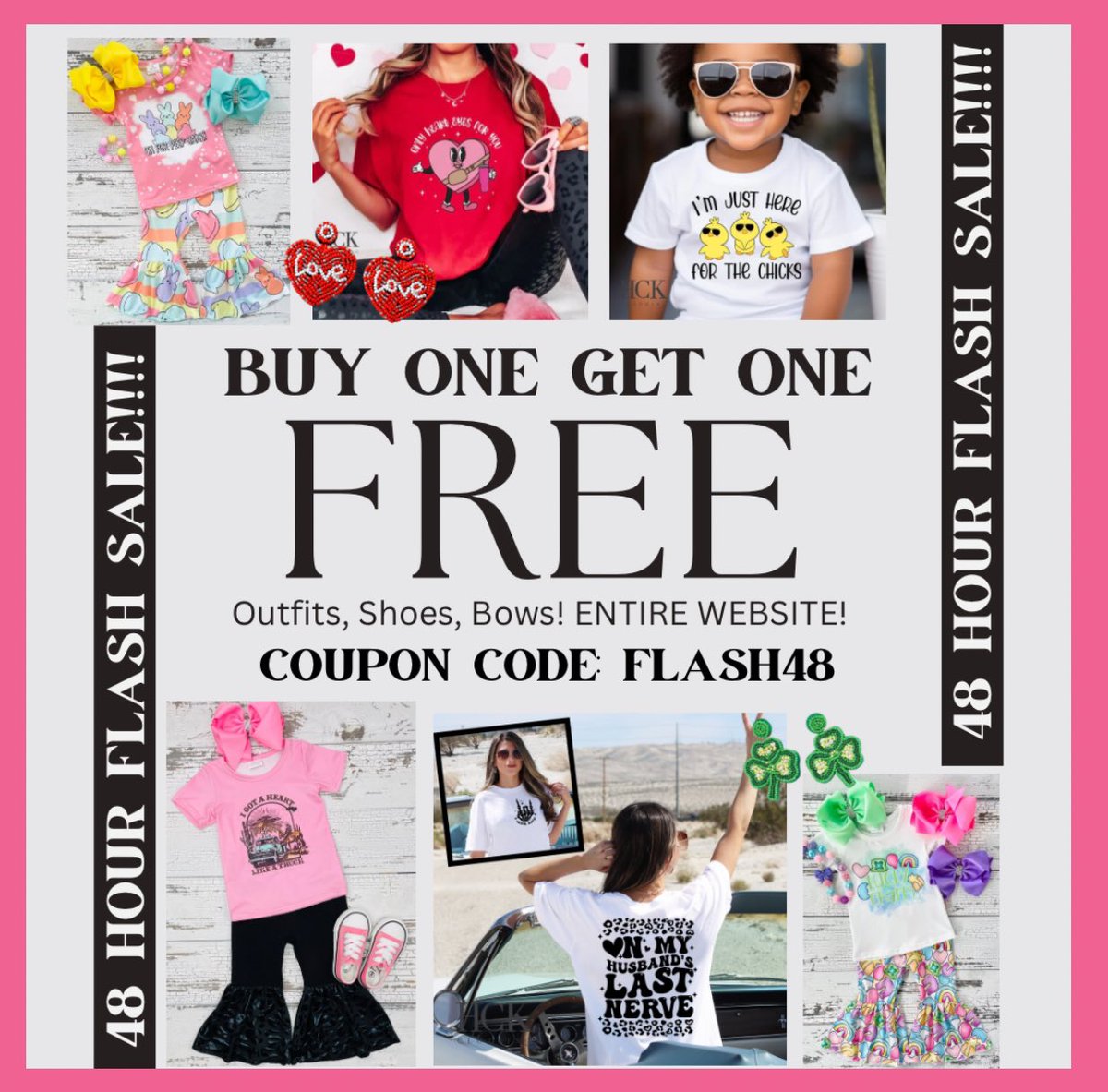 HCK_Clothing's tweet photo. 🤩48 HOUR FLASH SALE! Buy 1, Get 1 FREE!! Entire Website!! We accept SEZZLE &amp; AFTERPAY!💕📦Same/Next Day Shipping from Texas!📲https://t.co/H9GWhNVxrA

COUPON CODE: FLASH48
Sizes will go FAST!!! Don’t wait to shop!
*Free items will be of equal or lesser value* https://t.co/95Ozsg7XZf