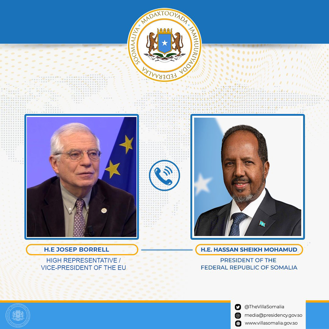 Villa Somalia (@thevillasomalia) on Twitter photo President <a href="/HassanSMohamud/">Hassan Sheikh Mohamud</a> spoke with EU Foreign Policy Chief/Vice-President @JosepBorrell. During the call, the President expressed his appreciation for the EU’s support for #Somalia's territorial integrity and sovereignty. The EU is a valuable partner. President <a href="/HassanSMohamud/">Hassan Sheikh Mohamud</a> spoke with EU Foreign Policy Chief/Vice-President @JosepBorrell. During the call, the President expressed his appreciation for the EU’s support for #Somalia's territorial integrity and sovereignty. The EU is a valuable partner.