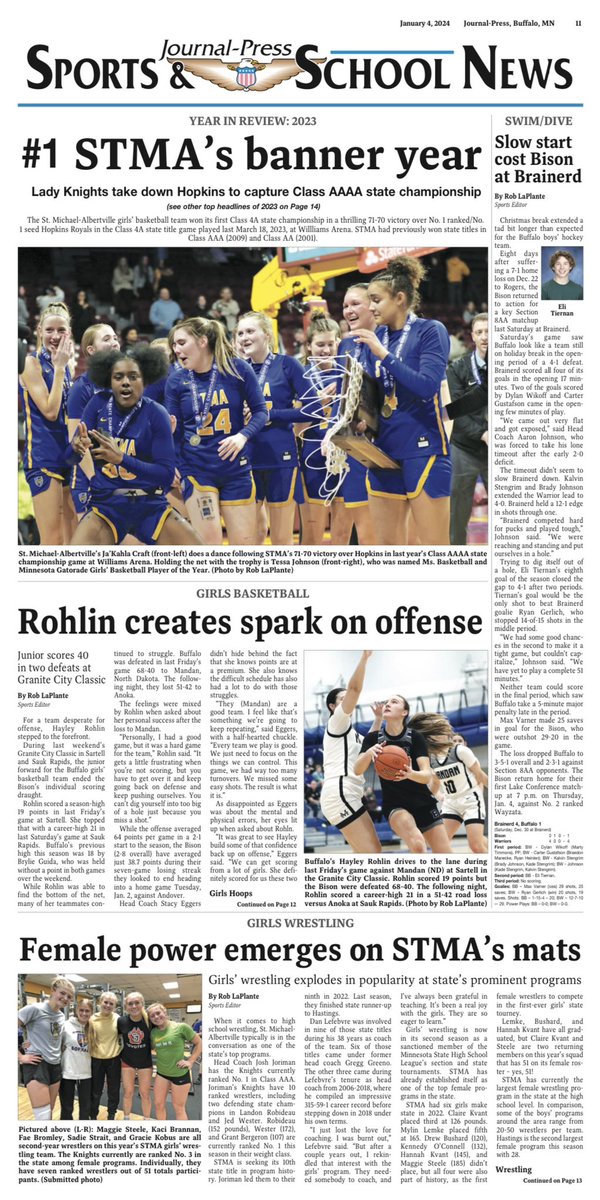 Robert LaPlante (@laplante71) on Twitter photo The <a href="/STMAGBB/">STMA Knights GBB</a> state championship came in at No. 1 for our year-in-review top-10 sports stories for 2023. Grab a copy to see who made 2-10. Also featured this week is the No. 3 ranked STMA girls wrestling team, which has 51 females on its roster! <a href="/APSE_sportmedia/">APSE</a> <a href="/STMAGBB/">STMA Knights GBB</a> The <a href="/STMAGBB/">STMA Knights GBB</a> state championship came in at No. 1 for our year-in-review top-10 sports stories for 2023. Grab a copy to see who made 2-10. Also featured this week is the No. 3 ranked STMA girls wrestling team, which has 51 females on its roster! <a href="/APSE_sportmedia/">APSE</a> <a href="/STMAGBB/">STMA Knights GBB</a>