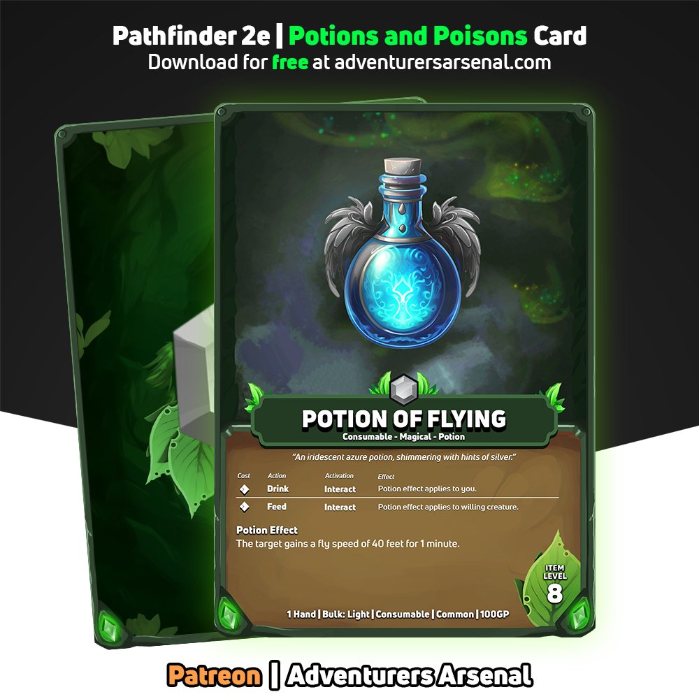 AdventArsenal's tweet image. 🌟 Potion Reveal: Potion of Flying🌟

Grant your character the wondrous ability to soar through the skies, unlocking new means of exploration...  And guess what? It's absolutely FREE! 

Download today at: adventurersarsenal.com

#pathfinder #pathfinder2e #pf2e