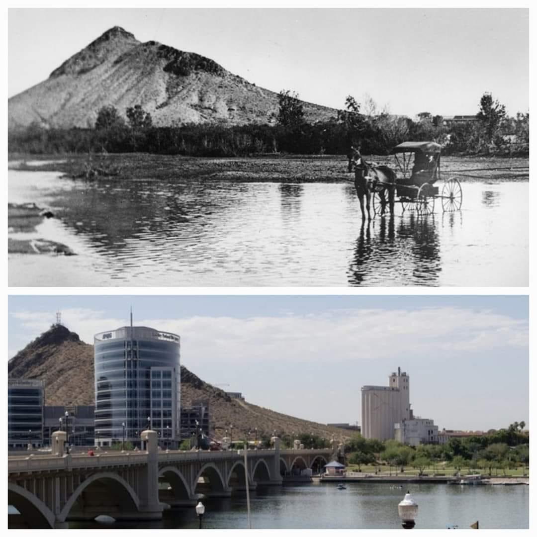 Back in 1870 this is what Hayden Butte or “A” mountain looked like from the Salt River.  Second picture is same shot about 150 years later. Wild.