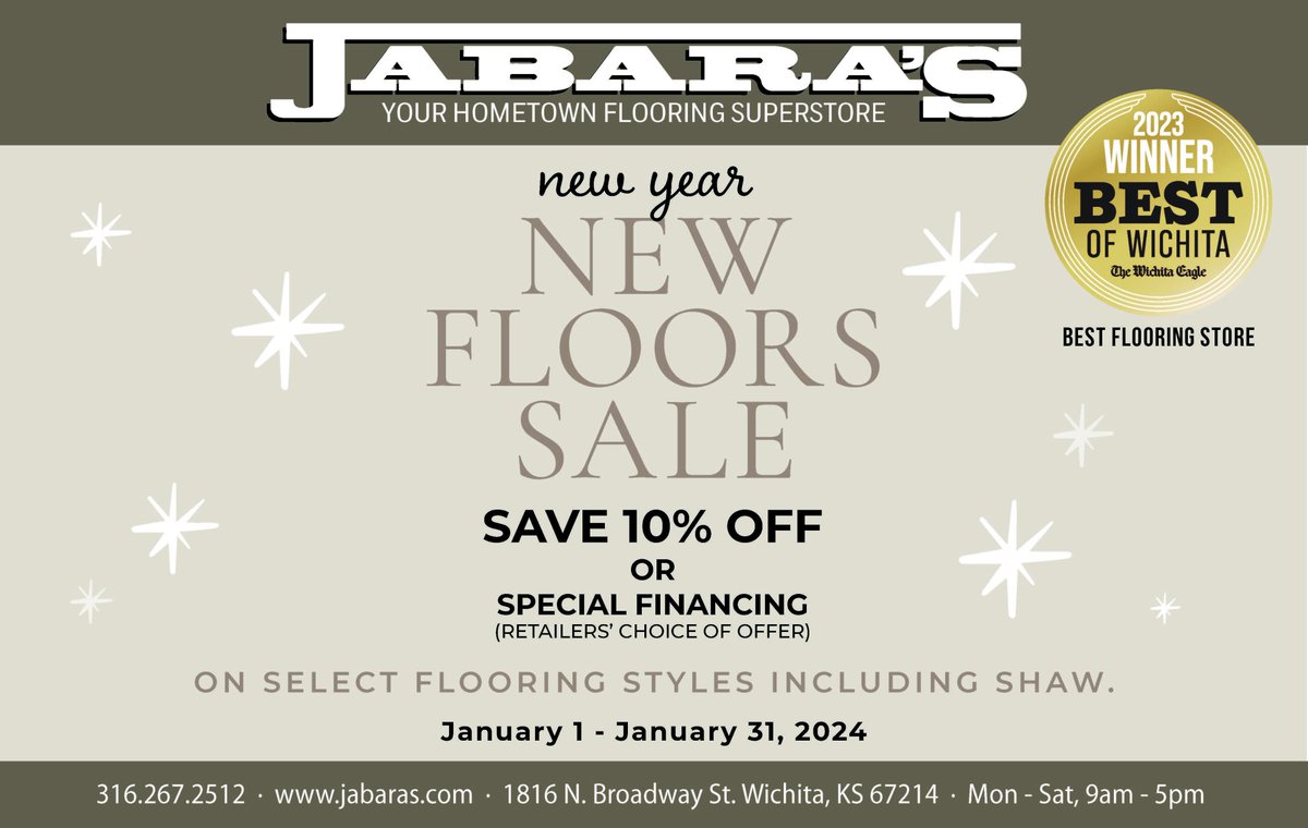 #NewYearNewFloor sale Jabara's! Now-1/31; 12 mth financing; up to $500 off your next flooring purchase! #NYNF discounts in every dept! Voted, Best of Wichita 23' winner: favorite carpet and flooring company! #flooring #carpet #carpeting   #remodel #remodeling #diy #ictwichita