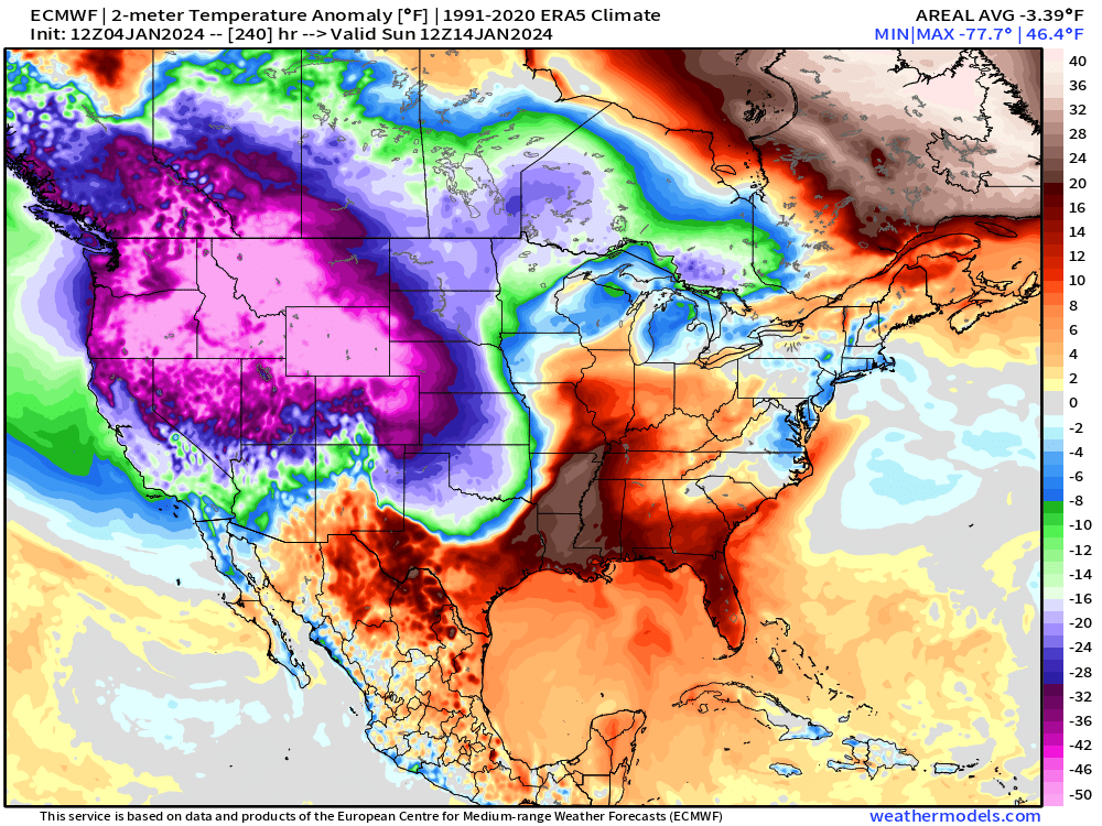 RyanWeather's tweet photo. Well, the ECMWF HRES 12z model update puts an end to the Northwest U.S. with the most brutal Arctic blast possible.  Nice knowing y'all.  

77.7°F below normal temperatures. 📉
Actual temperatures in the minus 50s °F and wind chills https://t.co/w9yKL1XHbd