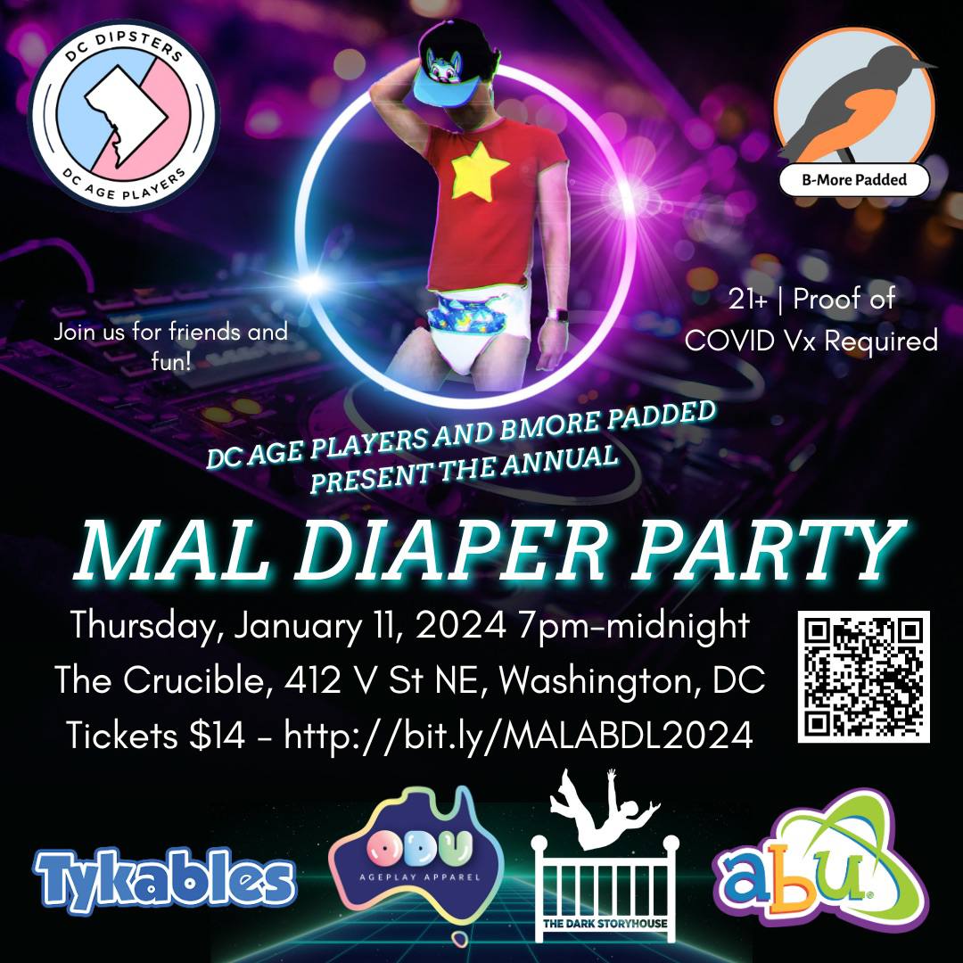 bmorepadded's tweet photo. We're a week out from our first MAL Diaper Party with @DCABDL at @TheCrucibleDC! ⛓️🖤🍼

With diaper-changing supplies provided by @ABUDiapers and @tykables, and additonal sponsorship by @OnesieDownunder and The Dark Story House!

Purchase tickets below:
https://t.co/WcFZKlnc6b https://t.co/iIYgZZt4HG