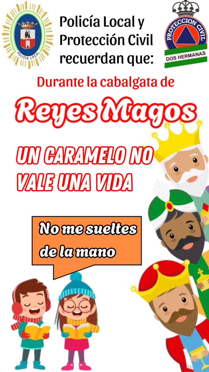 Recuerda que durante las cabalgatas de Reyes Magos, los menores siempre vigilados !! 

Un Caramelo NO vale una vida.
No los sueltes de la mano.