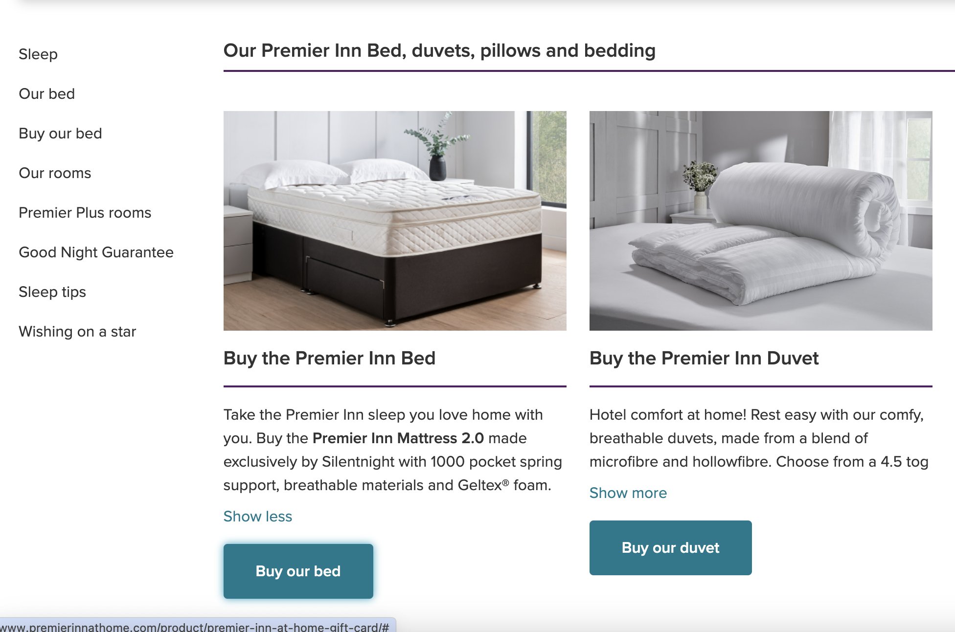 Premier inn duvets and pillows cheap