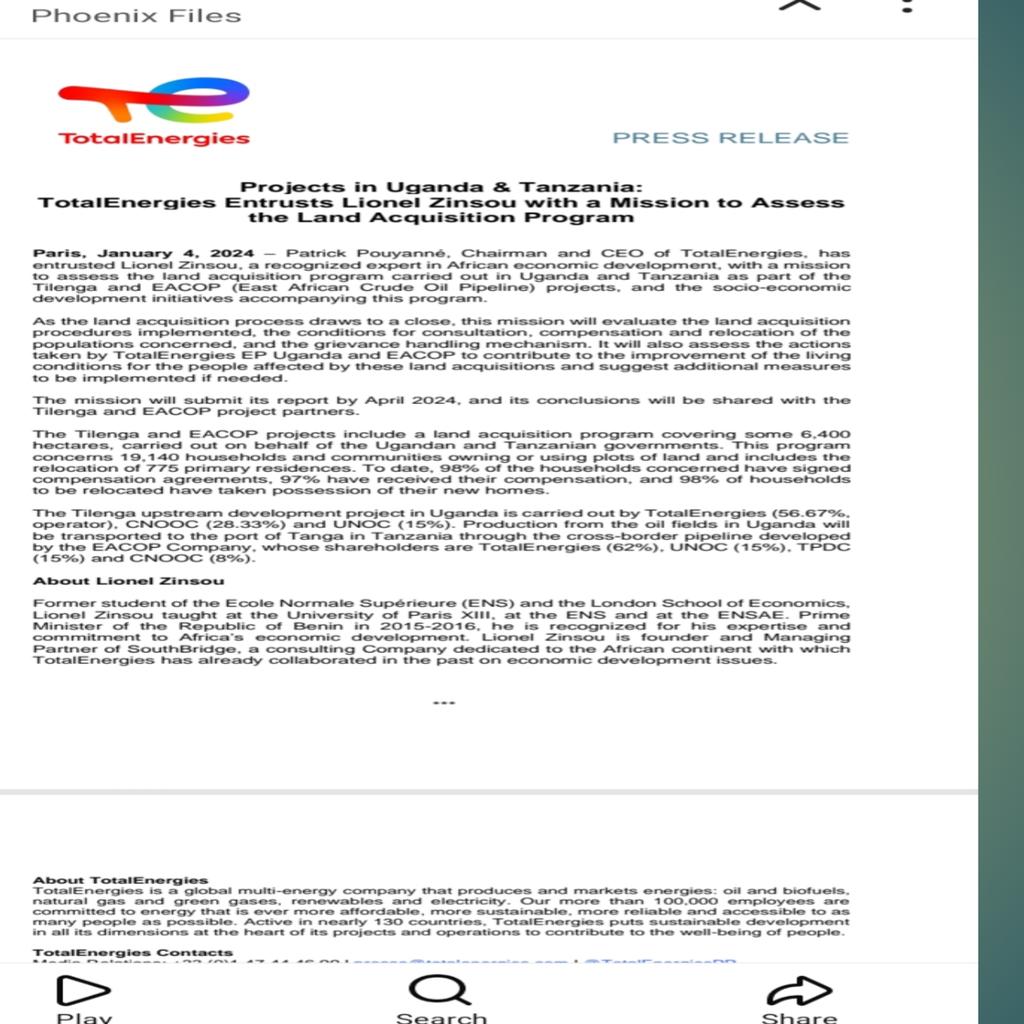 totalenergies.com/media/news/pre…
Appointing Lionel Zinsou to do assessment of acquisition programs in Tilenga by Pouyanne Patrick is a mere formality to lead the justification of TOTAL atrocities to the Tilenga people.linkedin.com/posts/musinguz…
#stopEacop #stopFossilfuels #embracCleanEnergy.