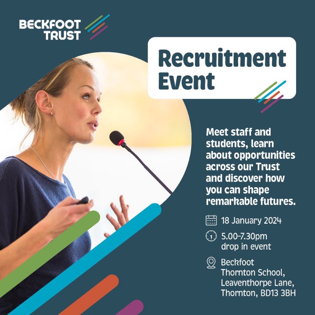 Looking forward to seeing everyone <a href="/BeckfootThornt1/">Beckfoot Thornton</a> at our trust wide recruitment and information evening. Come along if you are looking for a new opportunity or if you are just interested in what we are doing <a href="/BeckfootTrust/">Beckfoot Trust</a> and why we are doing it.