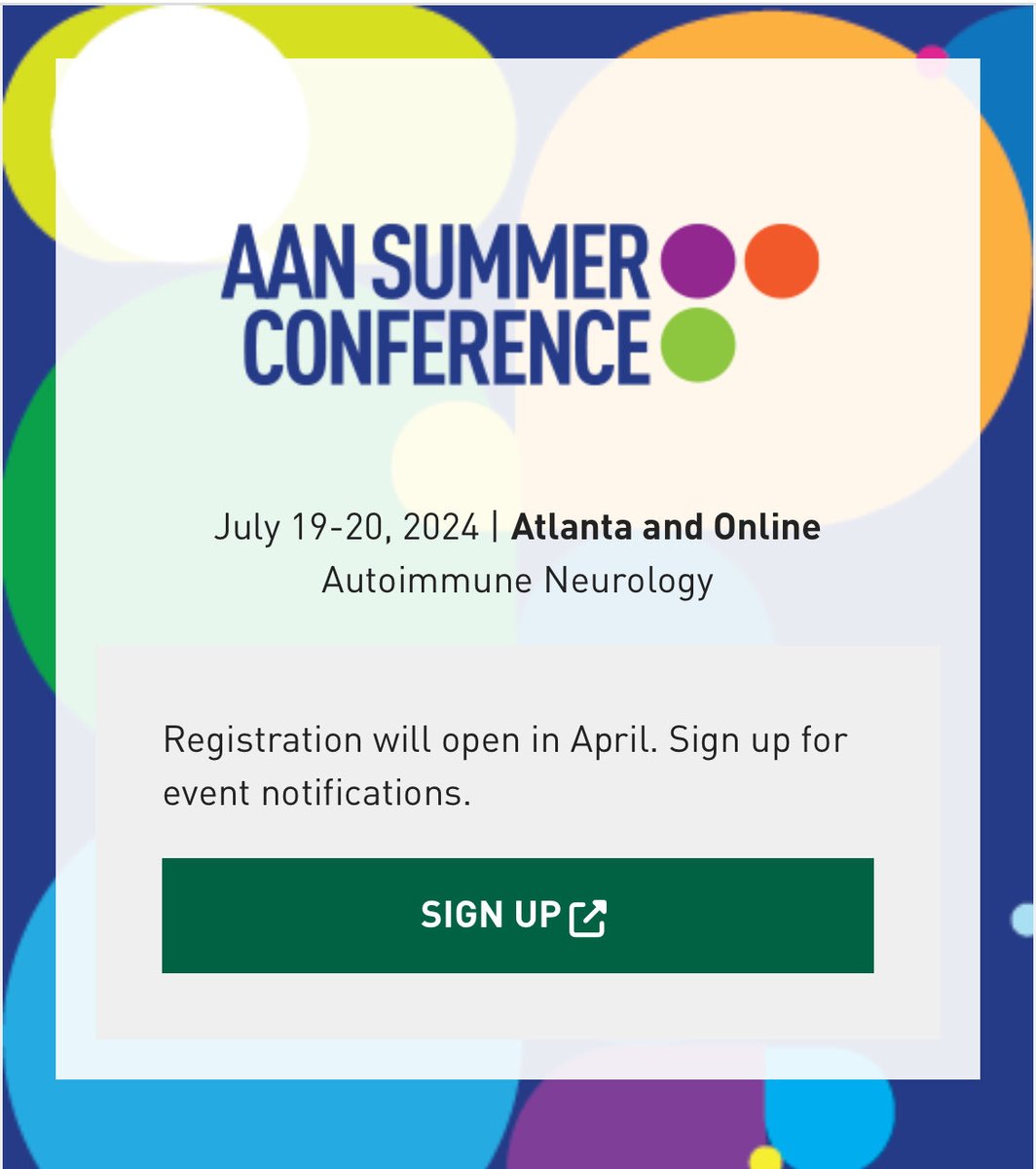 📣 AAN Summer Conference on Autoimmune Neurology July 19-20 in Atlanta ➡️ 48 hours of incredibly high yield information 🧠 Mark Your Calendar now . Details coming soon - Sign up to be the first to know: aan.com/events/summer-…
