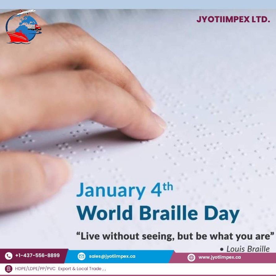 World Braille day #jyotiimpexltd #HDPE #india #canada #usa #polypropylene #flimgrade #export #vancouver #granules #pprolls #bluedrum #scrap #plasticwaste #plastic #milkbottle #regrind #flakes #usa #mundra #LDPE #recycling #UBCcans #aluminum #brailleday