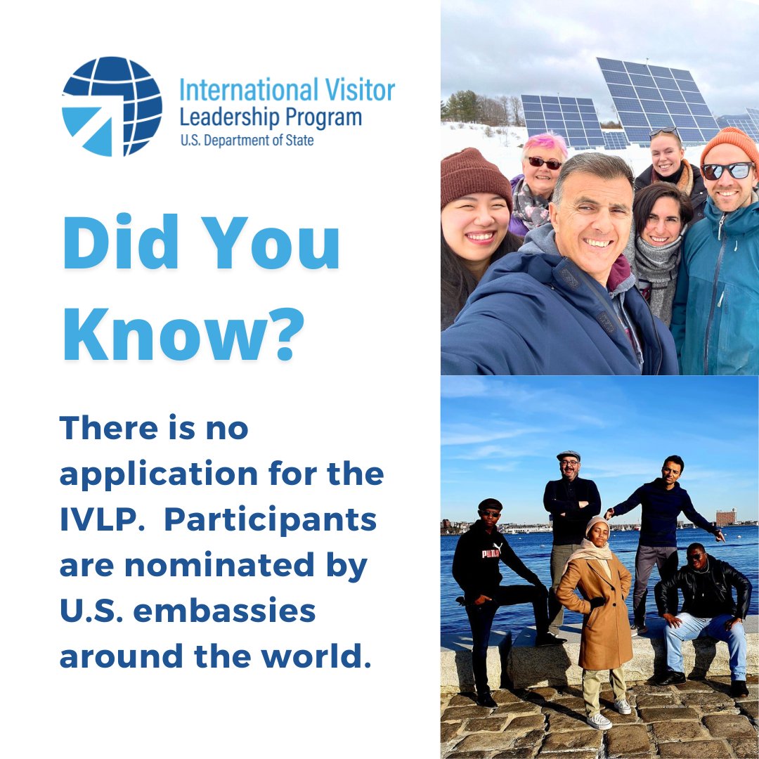 Decorative image featuring two photos of groups of participants of the International Visitor Leadership Program. The text reads, Did you know? There is no application for the IVLP. Participants are nominated by U.S. embassies around the world.