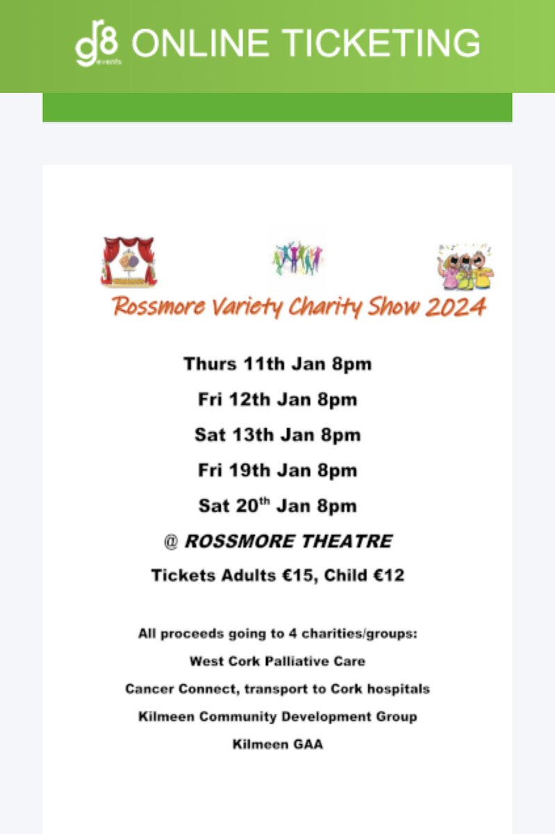 KilmeenKilbree's tweet photo. Reminder
Tickets for Rossmore Variety Show may be booked using the following link:
https://t.co/FopZfVHUiW
A great night of entertainment. All proceeds going to great causes including our club.
Tickets are selling fast @KilmeenKilbree @carberygaa https://t.co/BSpK3JCjAs